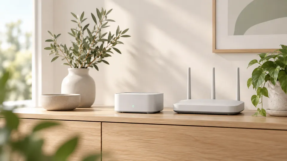 Kompakter Smart-Home-Server auf einem Sideboard neben dem Router als Zentrale für Home Assistant