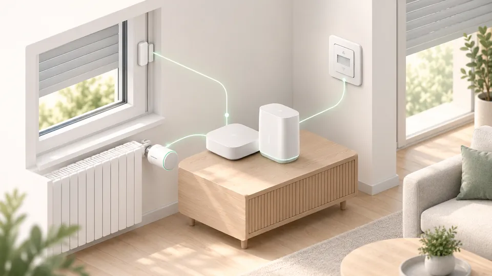 Zwei Smart-Home-Zentralen, verbunden mit Thermostat, Fensterkontakt und Rollladen-Schalter