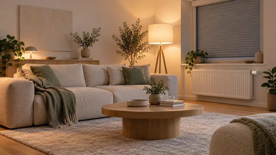 Wohnzimmer am Abend mit automatisch eingeschalteter Stehlampe, Rollladen und smartem Heizkörperthermostat