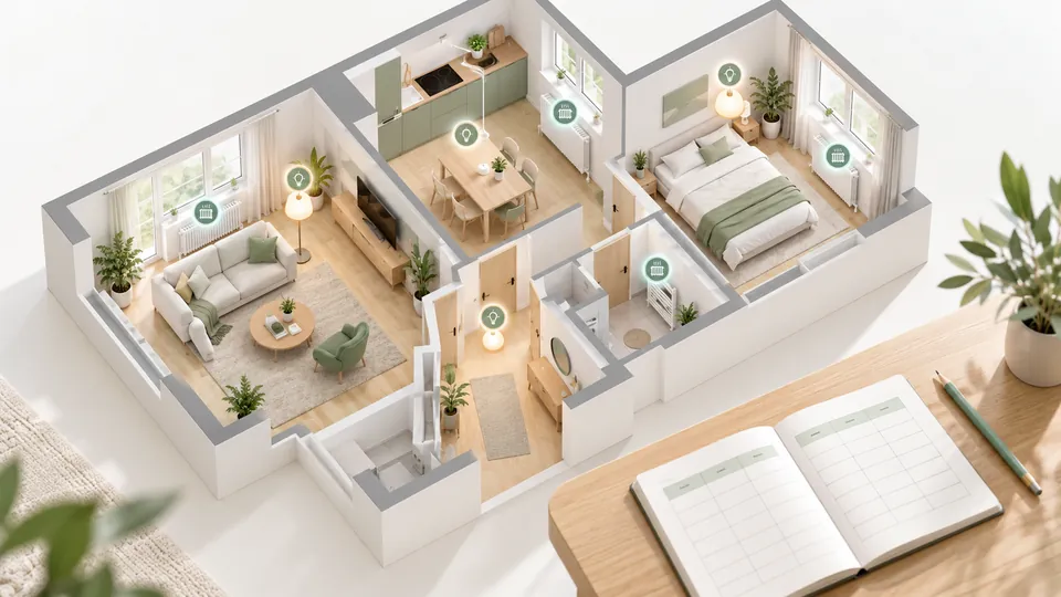Isometrischer Grundriss einer hellen Wohnung mit markierten Stellen für Smart-Home-Geräte, daneben ein Notizbuch für die Planung
