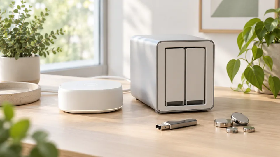 Smart-Home-Zentrale mit Netzwerkspeicher, USB-Stick und Ersatzbatterien für Wartung und Backup