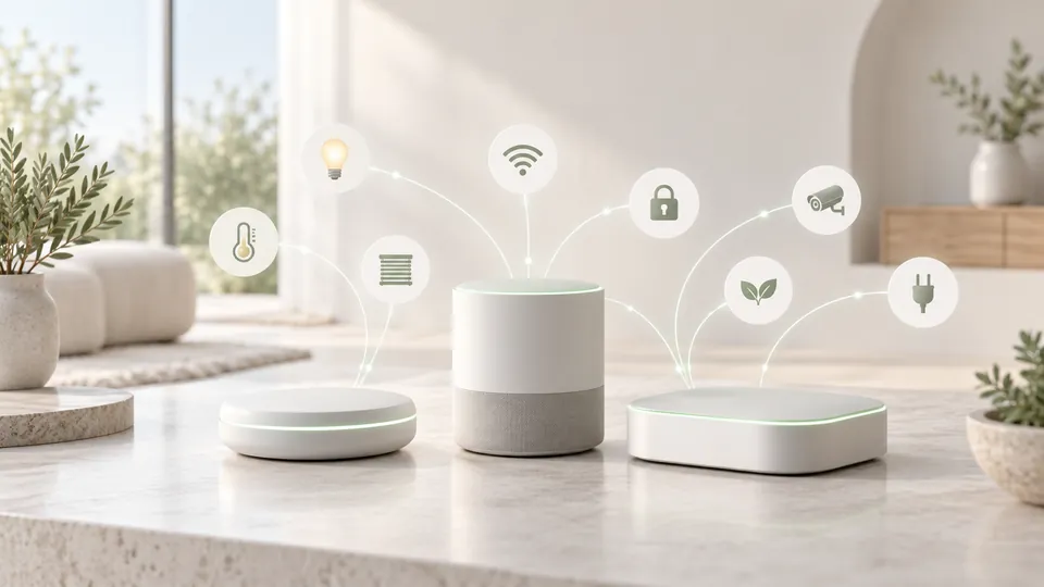 Drei schlichte Smart-Home-Zentralen unterschiedlicher Bauform nebeneinander, von denen feine Lichtlinien zu Gerätesymbolen führen